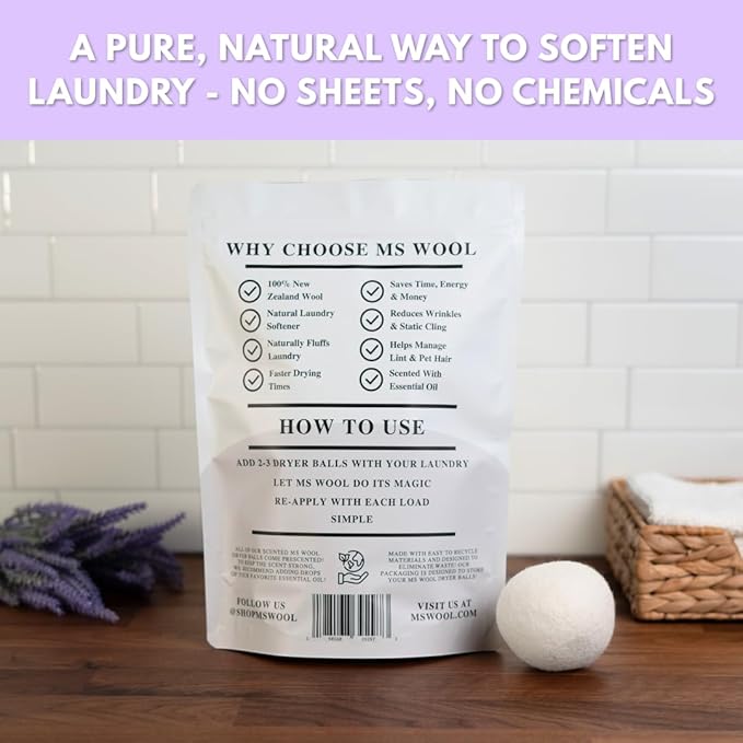 Lavender Scented Wool Dryer Balls – 6 XL Pack – Natural Fabric Softener, Reusable, Reduces Static, Reduces Wrinkles & Shortens Drying Time, Made W/Essential Oil, 100% Pure Wool