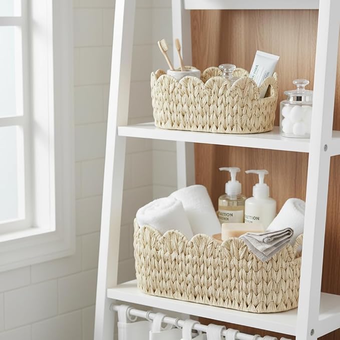 Wicker Scalloped Basket Set of 2,Woven Storage Baskets for Shelves,Closet,Laundry,Gifts,Towels,Books,Toys,Waterproof Boho Decor Basket for Organizing