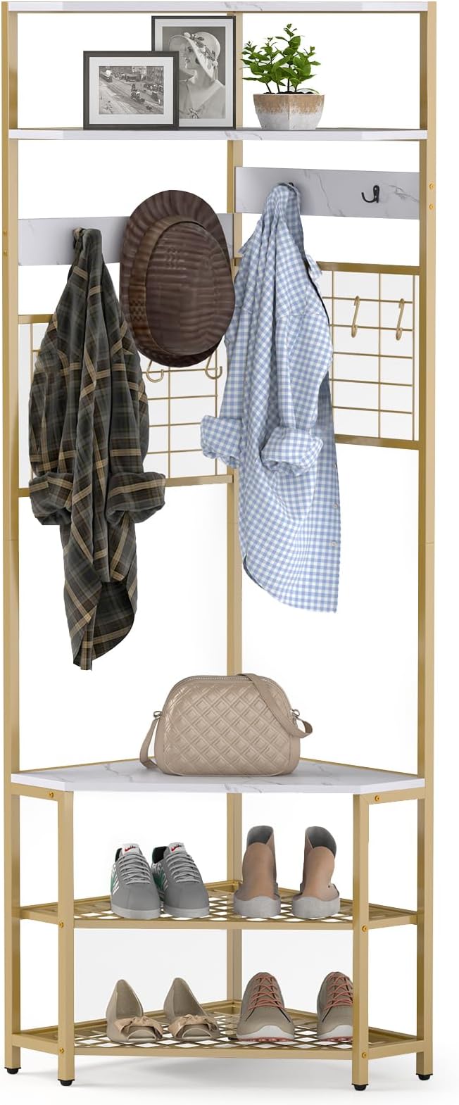 Giantex Corner Hall Tree, 73" Tall Coat Rack w/Shoe Storage Bench, 12 Metal Hooks, 5-Tier Entryway Shoes Shelf Organizer, Freestanding Clothes Rack for Living Room, Bedroom (White & Gold)