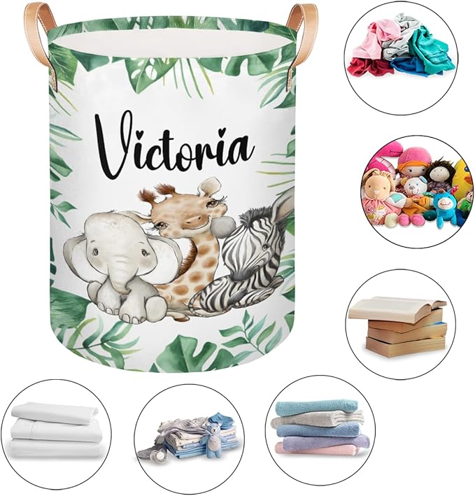 Personalized Laundry Basket, Custom Gift Laundry Hamper, Collapsible Nursery Waterproof Laundry Baskets, Dirty Clothes Toy Hamper with Handles Jungle Animals
