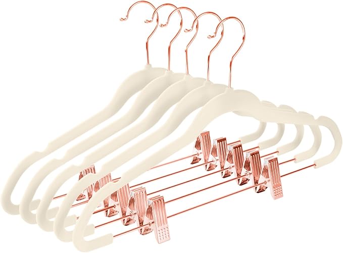 MIZGI Premium Velvet Pants Hangers with Clips (Pack of 10) Slim Skirt Hangers- Non Slip Felt Outfit Dress Hangers Ivory - Copper/Rose Gold Hooks,Space Saving Shirt Clothes Hangers