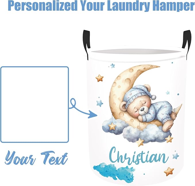 Personalized Baby Boys Laundry Basket for Nursery Bathroom Bedroom, Custom Bear Baby Laundry Hamper with Name and Handles, 2 Sizes Customize Baby Clothes Hamper for Girls Adults