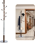 Coat Rack Freestanding, Wooden Tree Coat Rack Stand with 3 Adjustable Sizes Coat Tree and 11 Hooks, Sturdy Hall Tree with Solid Round Base for Entryway, Hallway,Bedroom (Walnut Metal)