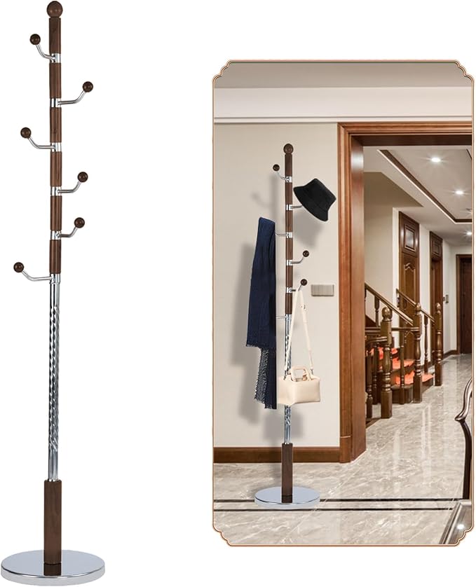 Coat Rack Freestanding, Wooden Tree Coat Rack Stand with 3 Adjustable Sizes Coat Tree and 11 Hooks, Sturdy Hall Tree with Solid Round Base for Entryway, Hallway,Bedroom (Walnut Metal)