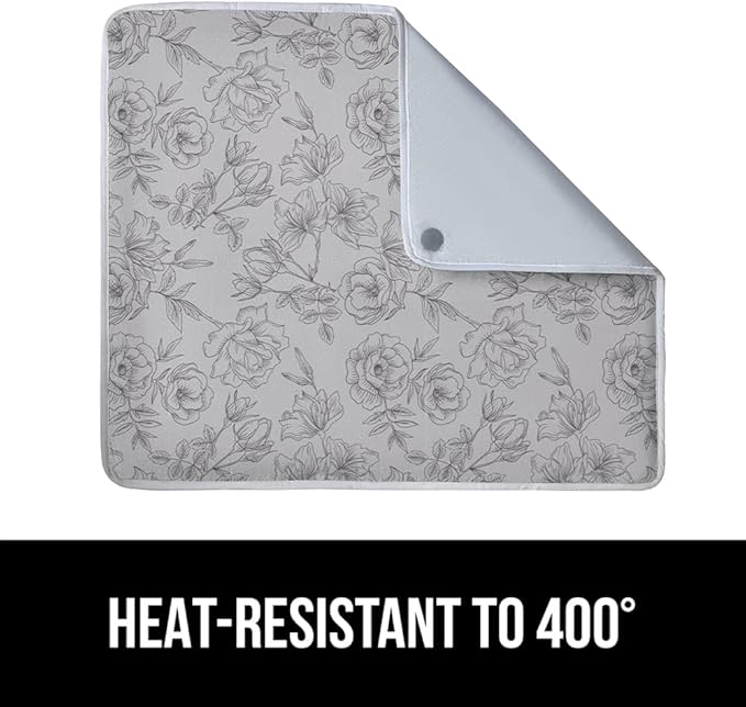 GORILLA GRIP Ironing Mat, Portable Iron Pad, Magnetic Cover for Top of Laundry Washer, Dryer, Tabletop, Countertop Padded Blanket, Silicone Coating and Scorch Resistant, Travel Size 28x24, Gray Floral
