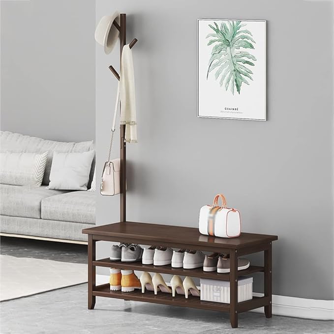 GIZNXBA Coat Rack Shoe Bench, Coat Rack Stand Wood, Hall Tree with Shoe Storage, 3-Tier Shoe Bench with 3 Hooks, Industrial Hall Tree for Hallway, Bedroom, Entryway (Size : 100cm)