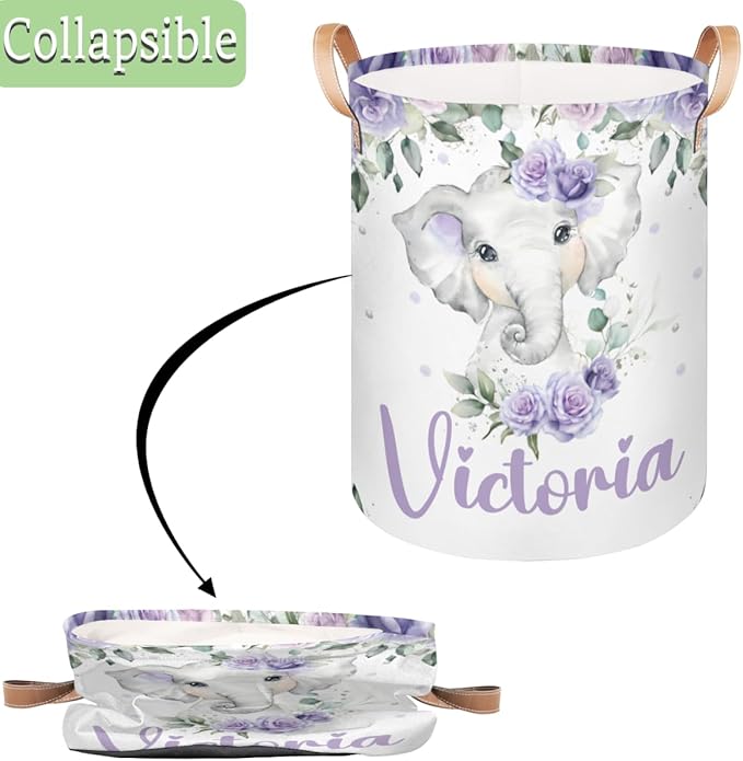 Personalized Laundry Basket, Custom Gift Laundry Hamper, Collapsible Nursery Waterproof Laundry Baskets, Dirty Clothes Toy Hamper with Handles Purple Floral Cute Elephant