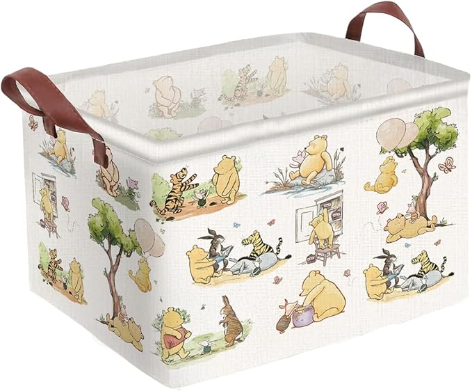 Greatingreat Winnie Baby Laundry Basket, Foldable Small Hamper with Canvas & PE Coating, Collapsible Portable Clothes Organizer for Nursery, Home, Bedroom Storage (White)