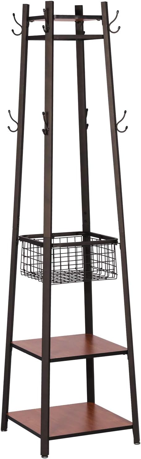 VECELO Industrial Coat Rack,Enterway Clothes Stand With 2 Tier Storage Shelves/Basket,Hall Trees with 8 Dual Hooks, Brown+Black