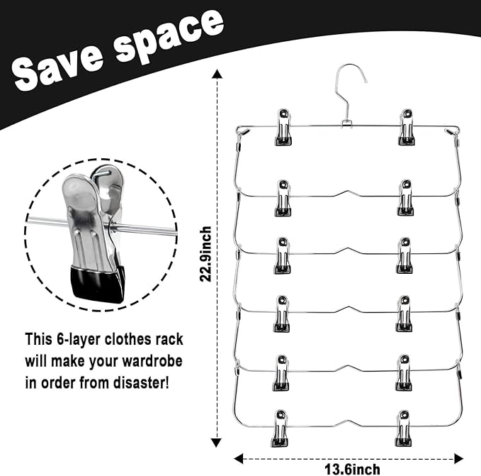 Skirt Pants Hangers with Clips，6Tier Skirt Hangers Space Saving,Metal,Non Slip Closet Organizer and Storage Multi Clothes Shorts Hanger Organization(2, Black)