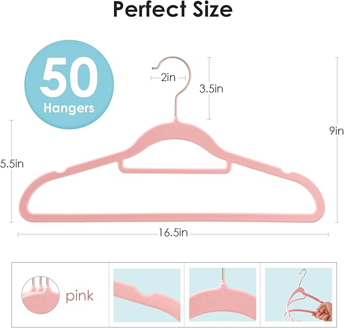 Velvet Hangers Non Slip Felt Hangers, 50 Pack Pink Velvet Clothes Hangers Space Saving Slim with 360 Degree Swivel Hook for Suits Coats, Jackets, Pants, and Dress Clothes