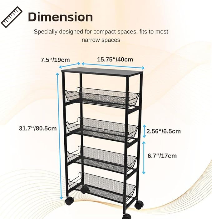 IBERG 5-Tier Slim Storage Cart with Wheels, Rolling Utility Cart with 4 Pull-Out Mesh Baskets for Kitchen, Bathroom & Laundry (Black)