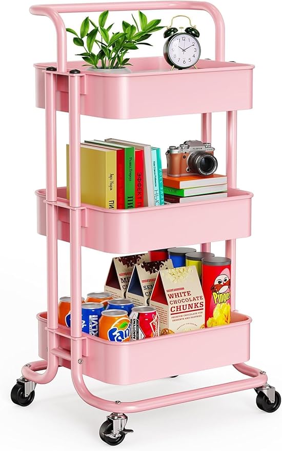 Pipishell 3 Tier Mesh Utility Cart, Rolling Metal Organization Cart with Handle and Lockable Wheels, Multifunctional Storage Shelves for Kitchen Living Room Office Pink
