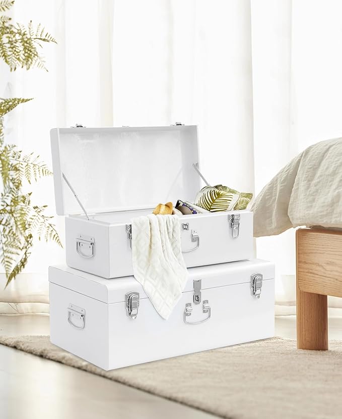 Vixdonos Decorative Large Metal Box Storage Trunk Chest Set of 2 College Dorm Organizer with Hardware Hasps and Handle for Home Deocr,23.7X14.2X9.5 Inches