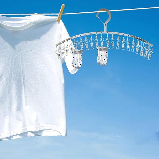 PRETYZOOM 2 Pack Laundry Drying Rack with 20 Clips, Stainless Steel Clothes Hanger, Windproof Drying Rack for Socks, Underwear, Scarves, Diapers