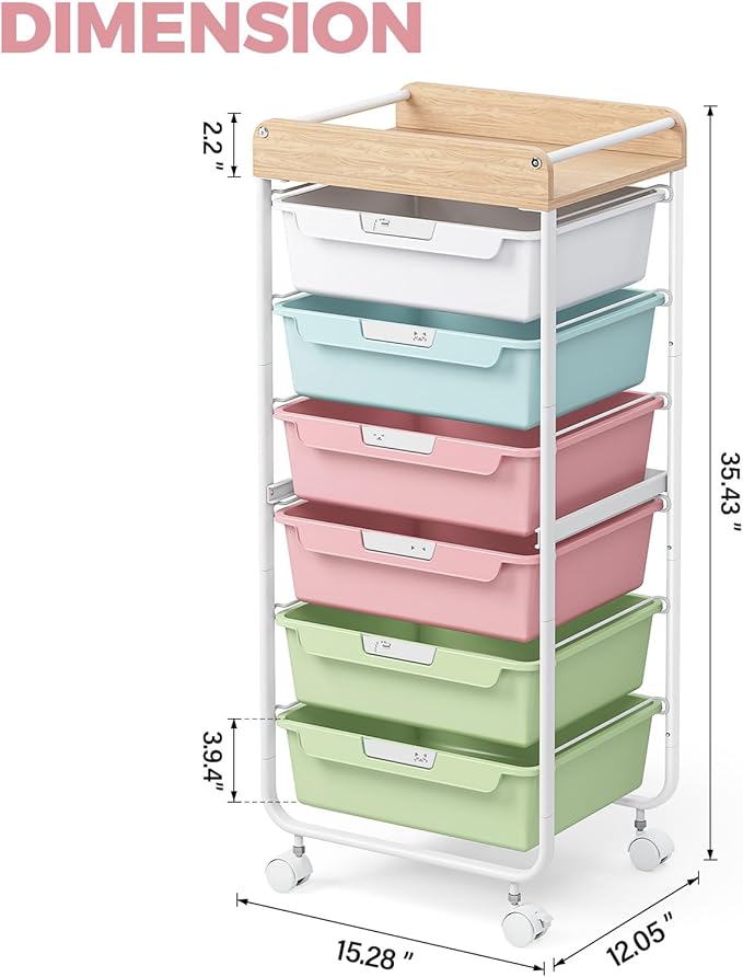 APEXCHASER 6-Drawer Plastic Organizers on Wheels,Rolling Storage Cart with Wooden Top, Mobile Drawer Unit for Classroom, Crafts, Art Supplies, and Home Organization,Colorful