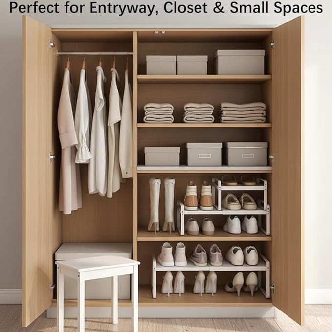 Expandable 1-Tier Metal Shoe Rack (H:7"), Adjustable Width 14.9"-23.6", Heavy-Duty Stackable Free-Standing Shoe Shelf for Closet & Entryway – 2-Pack Set