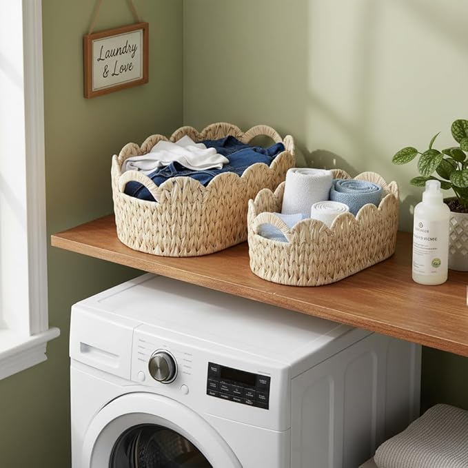 Wicker Scalloped Basket Set of 2,Woven Storage Baskets for Shelves,Closet,Laundry,Gifts,Towels,Books,Toys,Waterproof Boho Decor Basket for Organizing
