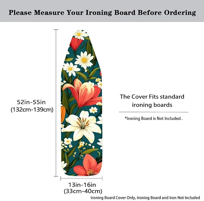 Narcissus Cover for Ironing Board 15x54 Inch Standard Size Flower Print Iron Board Cover with Elastic Edge Universal Fit, Hook and Loop Design