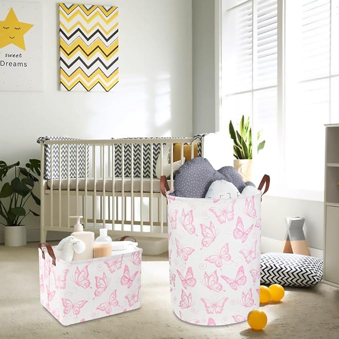 CLOCOR Rectangular Pink Basket, Collapsible Storage Bin, Waterproof Storage Box with Handles, Gift Organizer, Shelf Basket(Pink Butterfly)