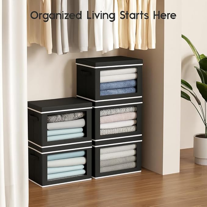 Collapsible Storage Bins with Lids - Stackable Storage Containers with Window, 6 Pack Fabric Organizing Bins for Closet, Home & Office Organization Baskets, Black, 14.9" x 9.8" x 9.8"