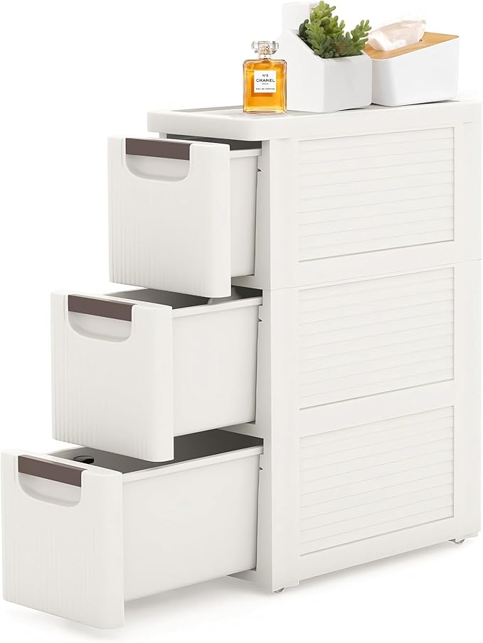 3 Drawers Slim Bathroom Storage Cabinet Dresser, Narrow Plastic Rolling Cart Organizer with Drawers, for Small Spaces, Kitchen, Laundry, Office, Bedroom, White
