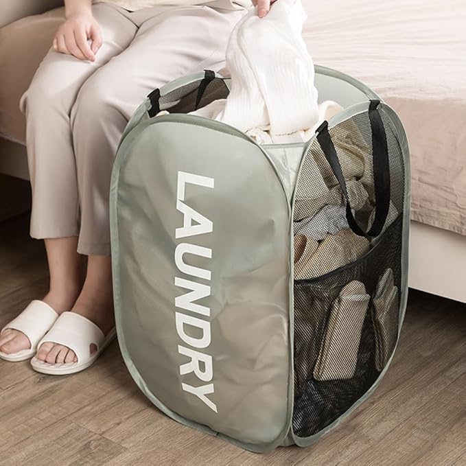 Larpur Pop Up Laundry Baskets, 2 Pack Mesh Laundry Hampers with Handles, Collapsible Clothes Hampers Mesh Basket for Home, Dorm, Travel (Gray + Pink)