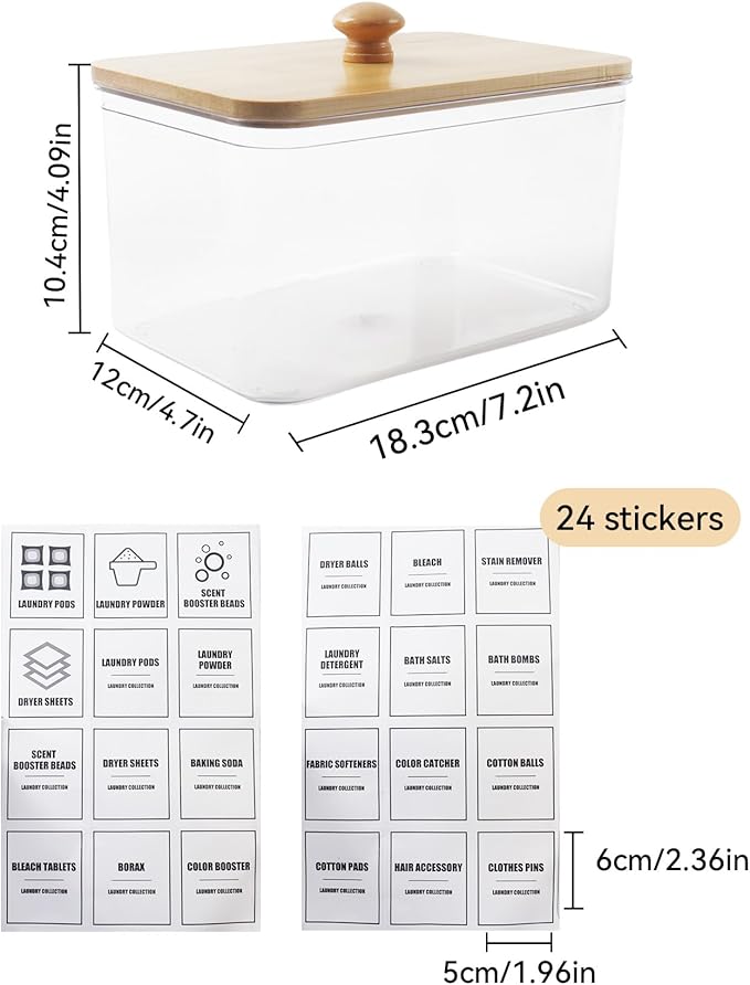 Klmnop Acrylic Dryer Sheet Holder with Bamboo Lid, Laundry Dryer Sheet Dispenser and Container with 24 Labels for Laundry Room(Clear)
