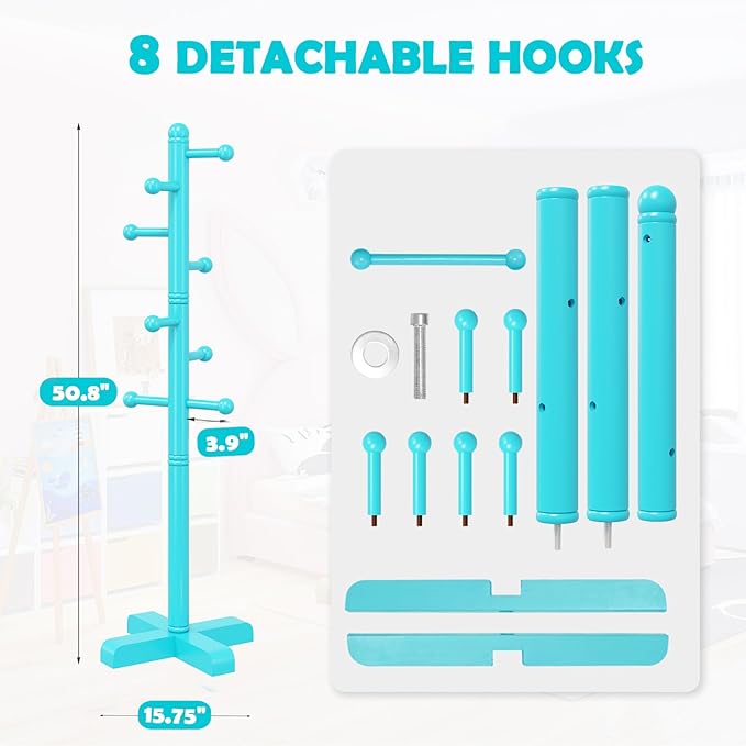 Coat Rack, Freestanding Coat Racks with 8 Hooks 2 Adjustable Height, Tree Coat Rack for Bedroom, Hallway, Entrance, Office, Hats, Handbags,Purse (Blue)