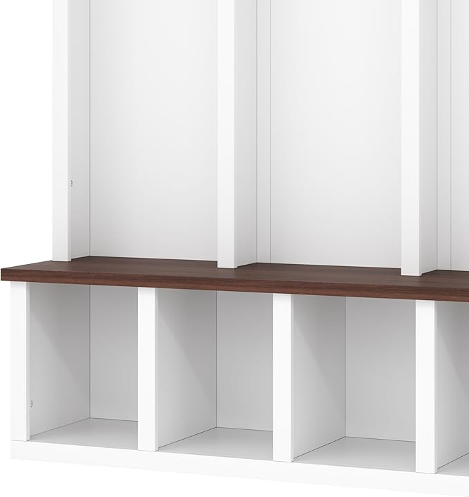 Farmhouse 59" Wide Hall Tree with 5 Black Hooks and Arched Design, Wood Grain Bench with Open Compartments, 4-in-1 Hallway Shoe Cabinet for Mudroom, Living Room (White-9.9)