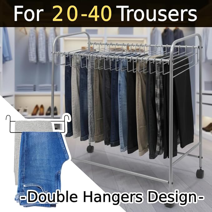 Japard Pants Organizer Rack Trolley with 20 Double Slim Hangers Rolling Trouser Metal Rack Hangers, Space Saving for Closet - 40 Storage Pants Jeans Scarf Silver