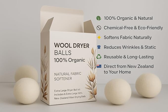 6XL 100% Organic Wool Dryer Balls – New Zealand Wool, Reusable Up to 1500 Loads, Fragrance-Free, Eco-Friendly Laundry Solution – 6-Pack in Gift-Ready Box Great idea for Christmas gift wool dryer ball.