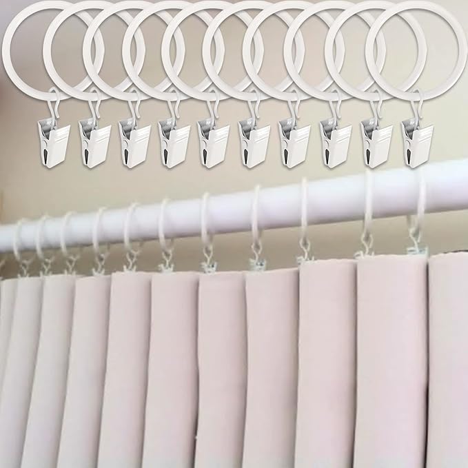 40 Pack White Curtain Rings with Clips, Curtain Hooks Hangers Clip Rings for Hanging Drapes Bows Hat, Drapery Rings 1.5 in I D, Fits up to 1.2 in Diameter Curtain Rod.