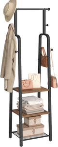Coat Rack Freestanding, Hall Tree with 3-Shelves and 8 Hooks, Industrial Clothes Rack Stand Organizer for Entryway, Bedroom, Bags, Hats, Scarves, Rustic Brown and Black CRHR14901
