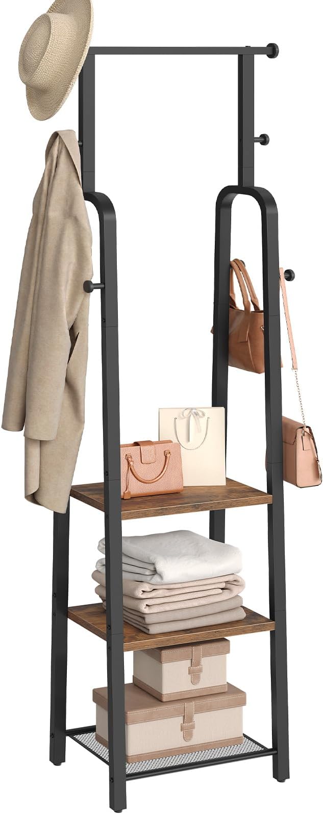 Coat Rack Freestanding, Hall Tree with 3-Shelves and 8 Hooks, Industrial Clothes Rack Stand Organizer for Entryway, Bedroom, Bags, Hats, Scarves, Rustic Brown and Black CRHR14901