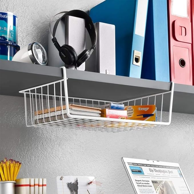 Modern Home Under Shelf Wire Storage Baskets – Hanging Organizer Rack for Cabinet, Pantry, or Closet – White Metal Basket for Kitchen, Towels, or Office – No Tools Required (Set of 2 15")