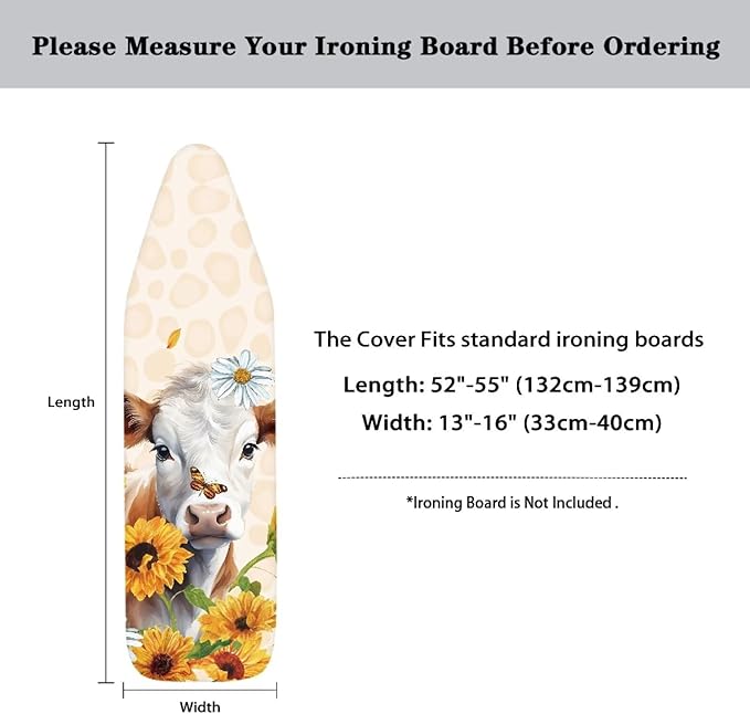 Sunflower Cow Ironing Board Cover and Pad Standard Full Size Iron Covers with Hook and Loop with Elastic Edge Scorch and Stain Resistant Thick Padding