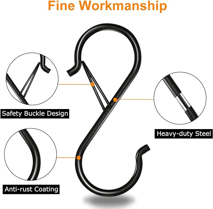 8 Pack S Hooks for Hanging, 3.5 inch Heavy Duty Metal S Hooks with Safety Buckle S Shaped Hooks Pot Rack Closet Hooks for Hanging Plants, Clothes, Kitchen Utensil, Pots, Pans, Bags (Black)