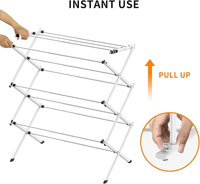 3 Tier Clothes Drying Rack, Foldable Drying Rack Clothing,Indoor & Outdoor Laundry Rack for Drying Clothes,Space-Saving Design, Metal Collapsible Dryer Racks for Laundry,Pure White