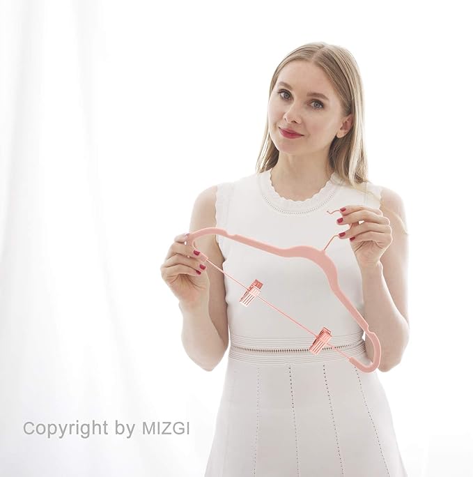 MIZGI Premium Velvet Pants Hangers with Clips (Pack of 20) Slim Skirt Hangers- Non Slip Felt Outfit Dress Hangers Blush Pink - Copper/Rose Gold Hooks,Space Saving Shirt Clothes Hangers