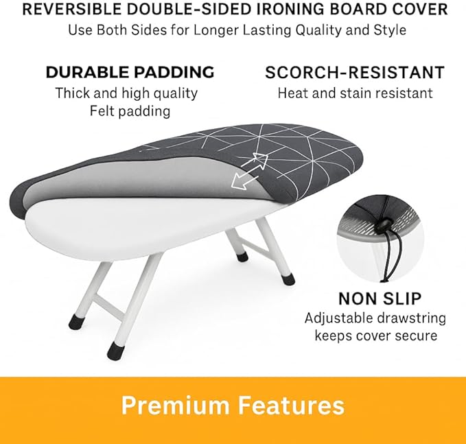SAVUK 12 X 30 inch Smart Table Top Ironing Board Cover and Pad with Standard Size Dual Side X2, Fits Small, Mini Board, Extra Thick Padding, Elastic Cord, Heat Resistance (Double Geometric Grey)