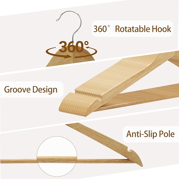 30 Pack Wooden Hangers, Solid Wood Coat Hanger with 360 Swivel Hook, Smooth Finish 17.5 Inch Clothes Hanger with Shoulder Groove for Shirts, Pants, Suits, Jackets, Dresses, Sweaters, Natural