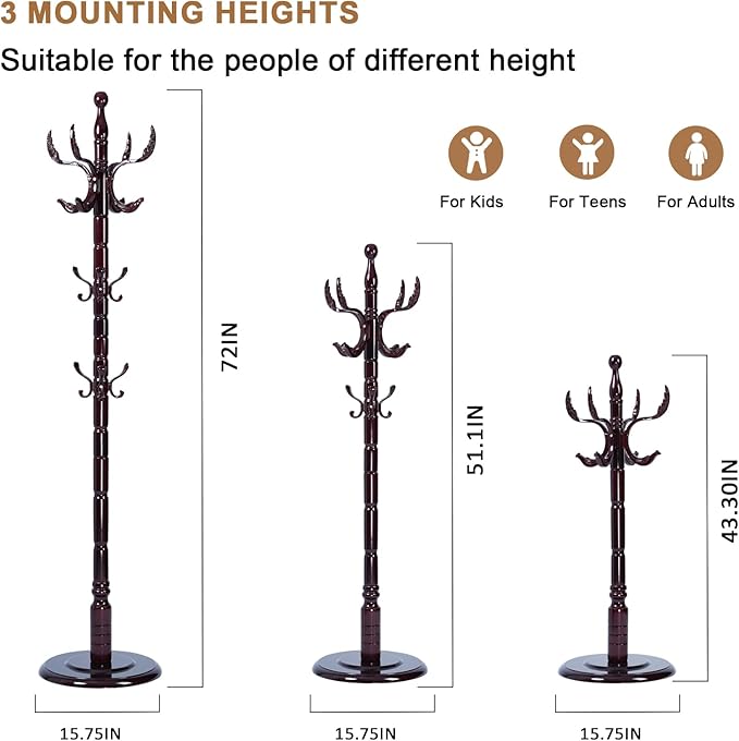 Solid Wood Coat Rack, Free Standing Hall Coat Tree with 14 Hooks, 3 Height Options, 300lbs Load, Stury Base, Clothes Rack for Entryway, Hallway, Bedroom (Disc Base - Wooden Phoenix Hook)