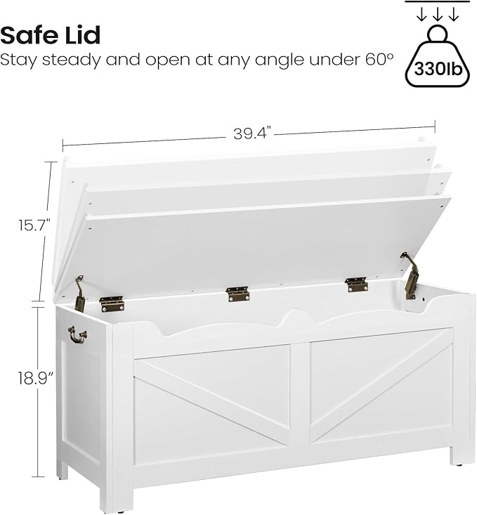 39.4" Storage Chest, Extra Large Storage Trunk with 2 Hinges, Wooden Box Bench, Lift-Top Organizer Chest, Shoe Bench for Entryway, Bedroom, Living Room, White SB04503X