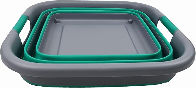 SAMMART Collapsible Plastic Laundry Basket with Wheels 39L (10.3 Gallons) -Foldable Pop Up Storage Container for Laundry, Camping & Home (1, Dark Grey/Bluish-Green)