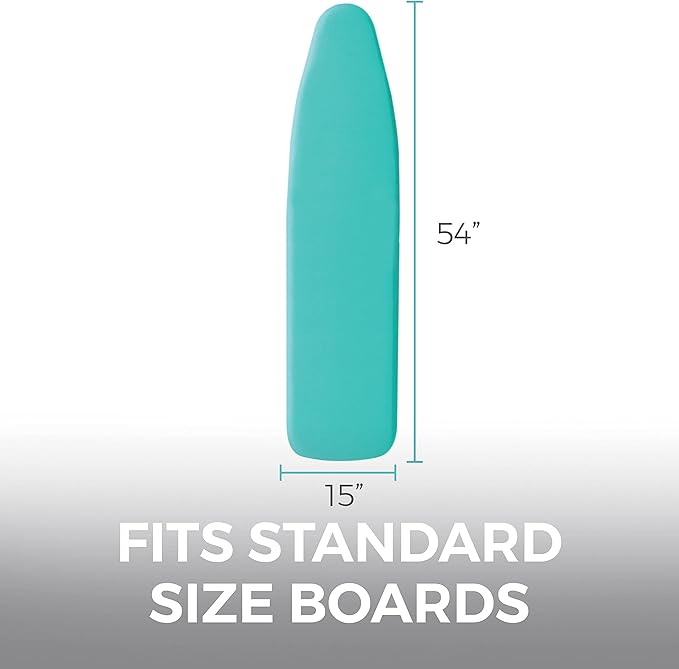 HOME GENIE Ironing Board Cover, Extra Thick Padding, Scorch Resistant Silicone Coating, 15x54 Elastic Edge Heavy Duty Iron Pad Covers Standard Boards, Hook and Loop Fastener Strap, Turquoise