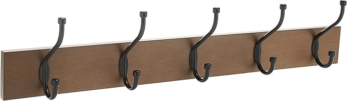 Amazon Basics Rectangular Farmhouse Wall-Mounted Coat Rack for Entryway and Bedroom, Storage Organizer, 5 Hooks, Barnwood | Farmhouse, with Storage Hooks, Rectangular