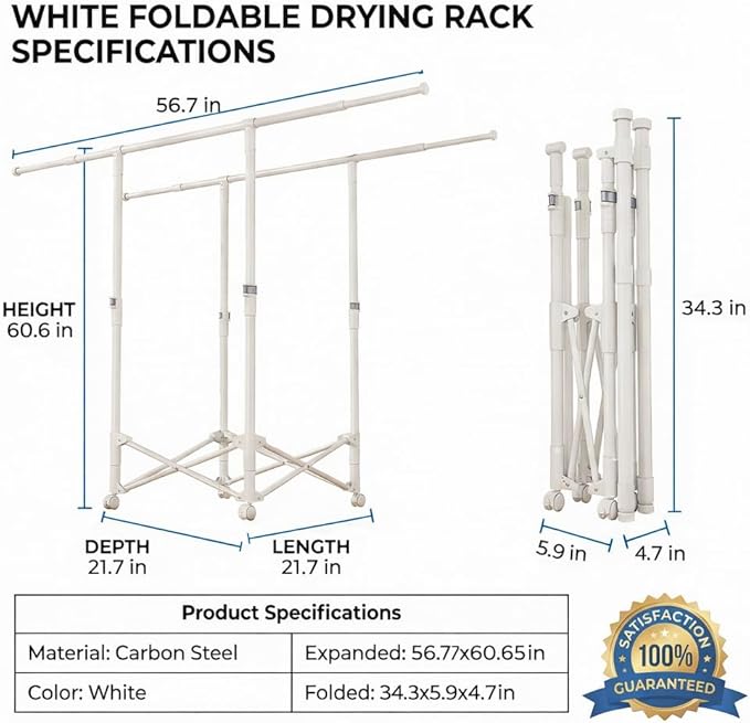 Clothes Drying Rack, Double Rod Extendable 33.1–56.7 Inches, No Assembly & Foldable Clothing Rack for Hanging Clothes with Wheels, for Indoor Outdoor Laundry Room Organization, White