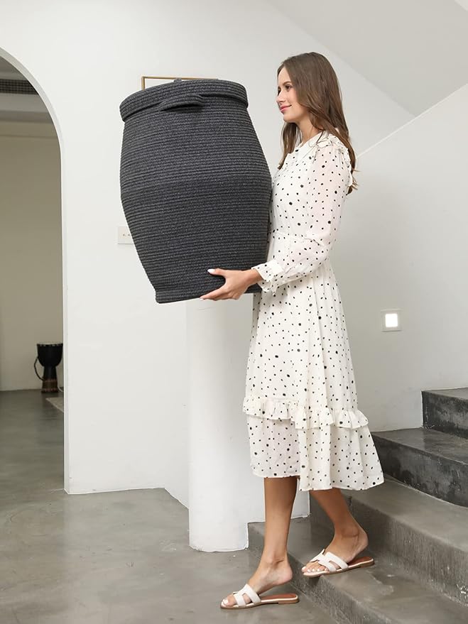 26" x 20" Handcrafted Tall Cotton Rope Basket with Lid, Stylish Flagon Shape with Cover, Clothes Hamper with Top, for Bedroom and Living Room, All Grey Black Mix