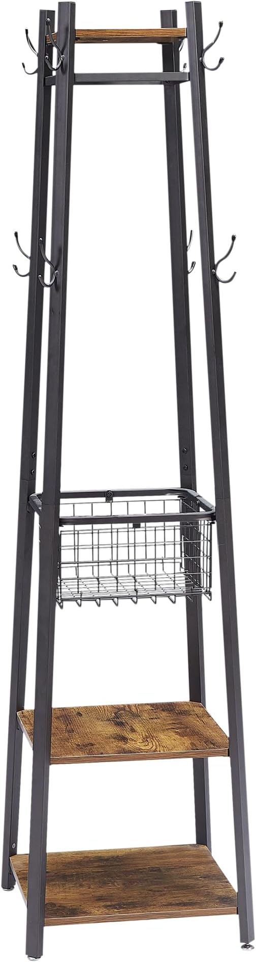 VECELO Coat Rack Freestanding, Entryway Clothes Stand with Metal Basket and 2 Shelves, Upgrade Hall Trees with 8 Dual Hooks for Bags, Hats, and Umbrellas, Industrial Styles, Vintage Brown+ Black
